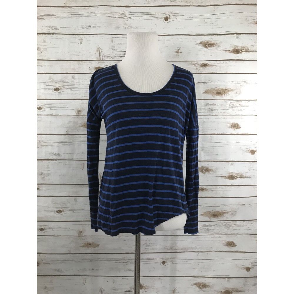 Joie‎ Serenita XS Striped 100% Linen Tee Top Navy Blue Dolman Long Sleeves
